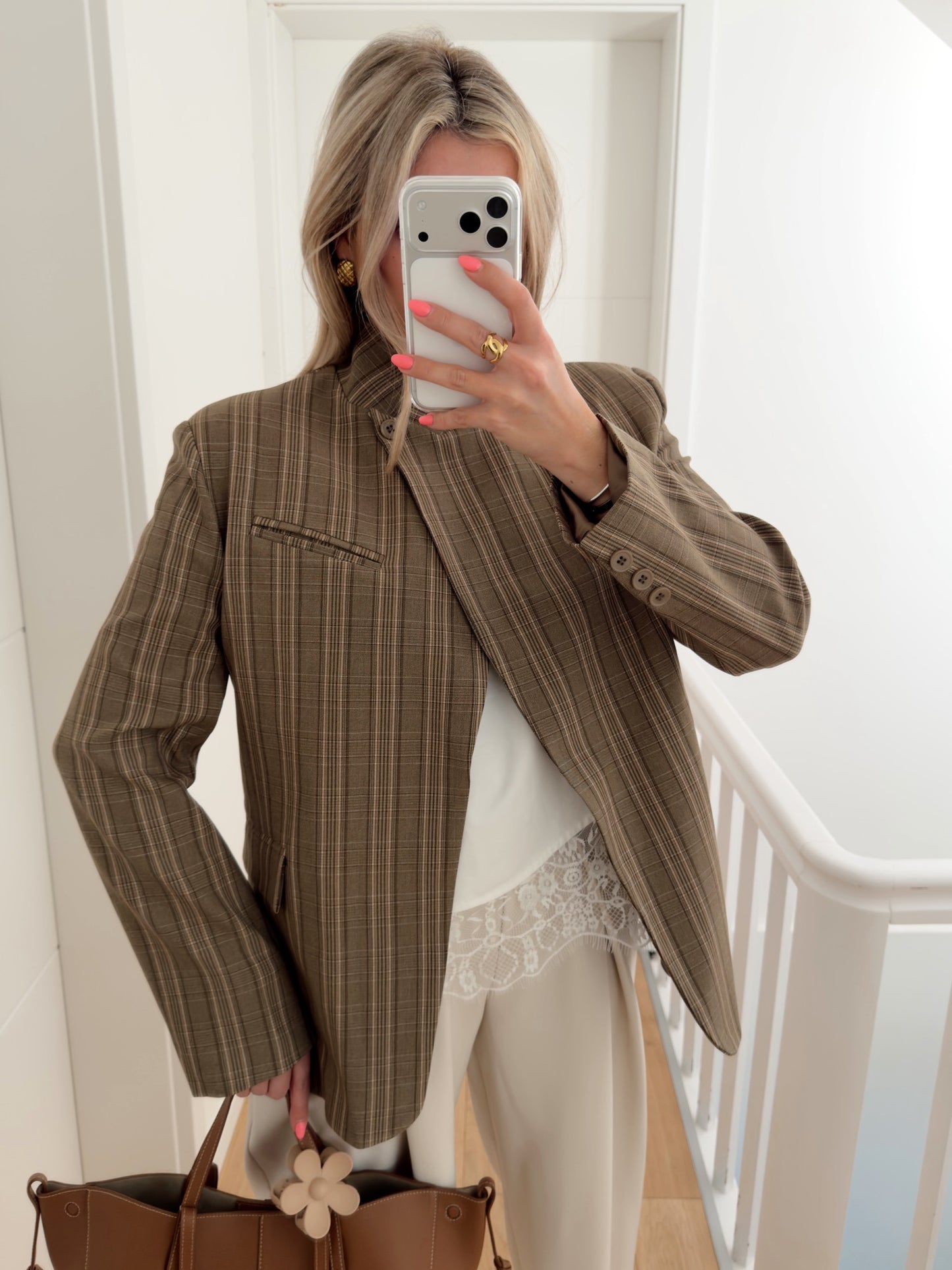 Plaid Stand Collar Asymmetrical Blazer