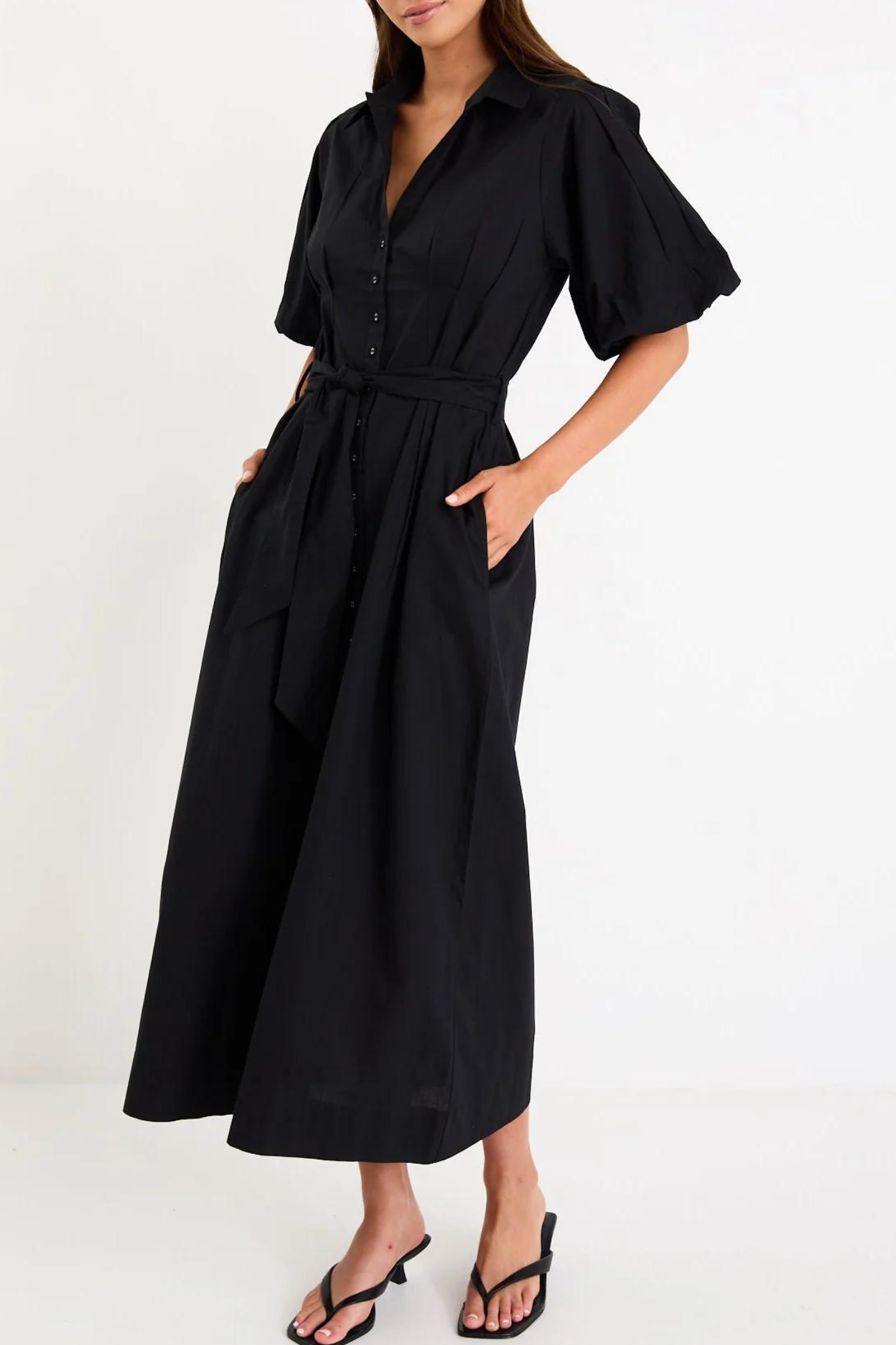 Black Belted Puff Sleeve Midi Shirt Dress