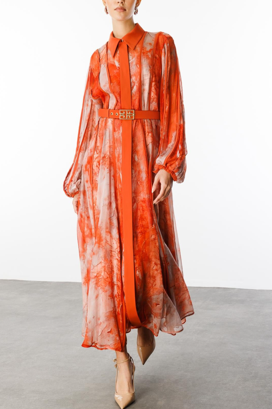Orange Watercolor Print Organza Maxi Dress