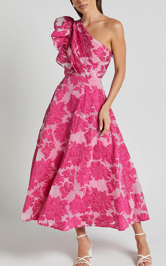 Hot Pink Floral Jacquard One-Shoulder Midi Dress