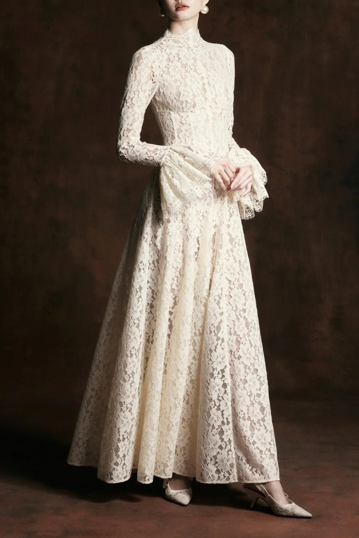Ivory Lace High-Neck Flare-Sleeve Maxi Gown