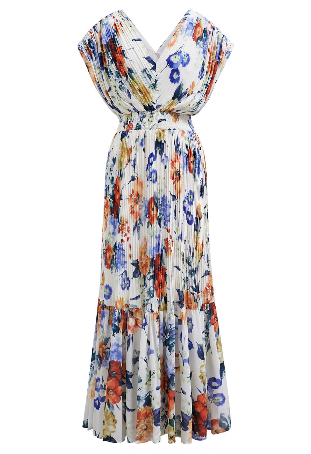 Vibrant Floral Print Pleated Tiered Maxi Dress