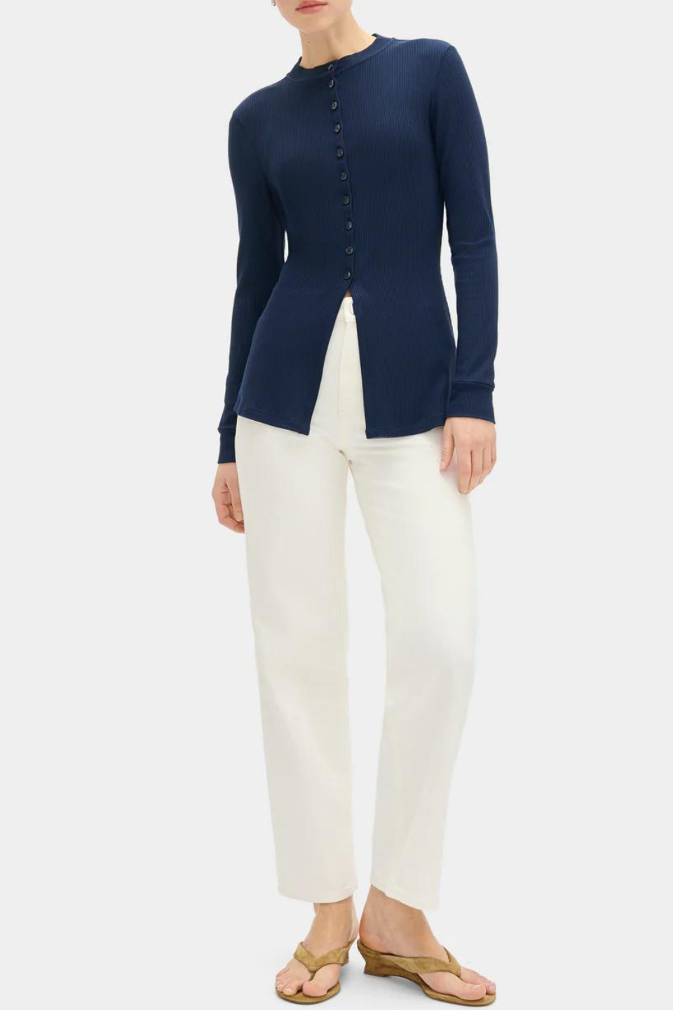 Navy Ribbed Knit Button-Front Long Sleeve Top