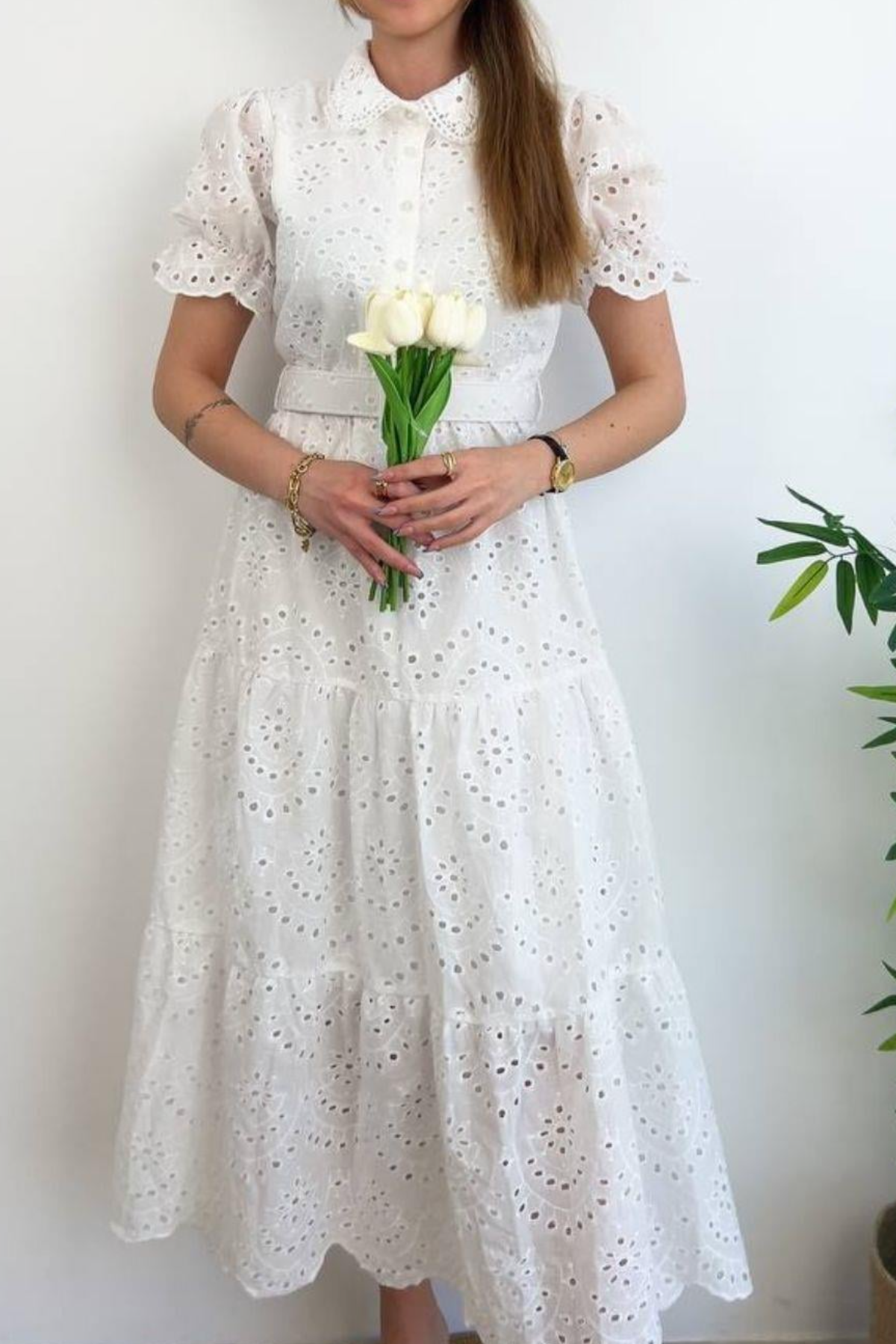 White Eyelet Short Sleeve Midi Shirt Dress