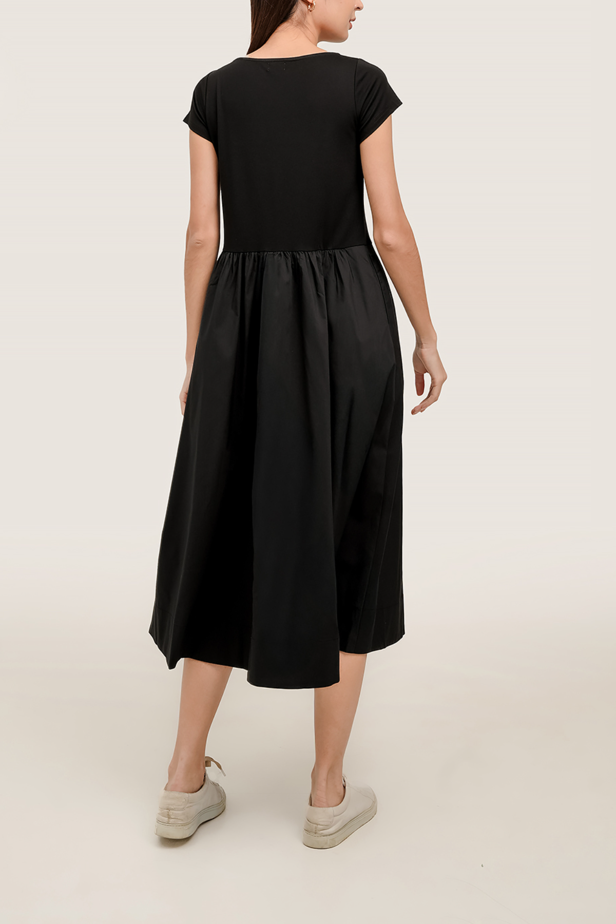 Black Mixed-Media Boat Neck Midi Dress
