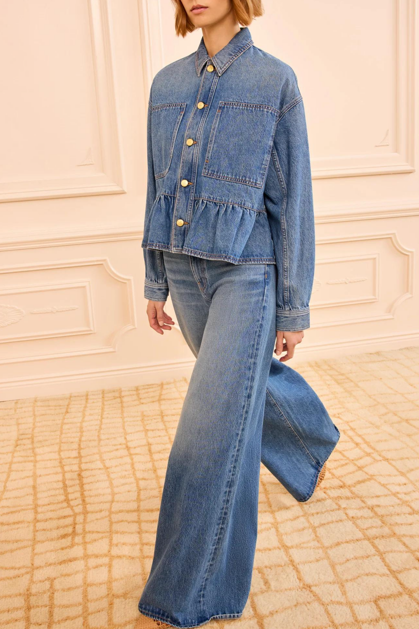 Blue Denim Peplum Button-Down Shirt