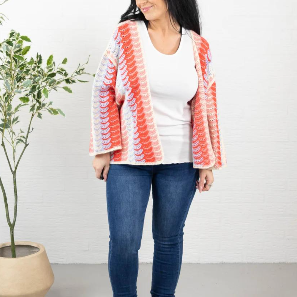 Retro Wave Pattern Open-Front Knit Cardigan