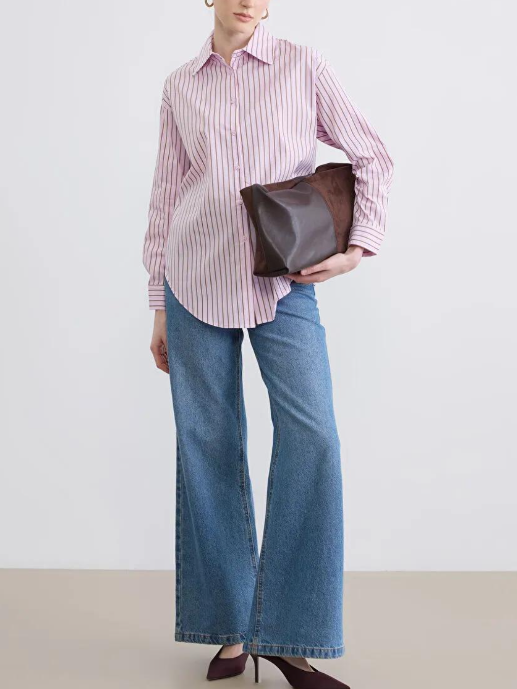 Pink & Brown Striped Oversized Button-Down Shirt