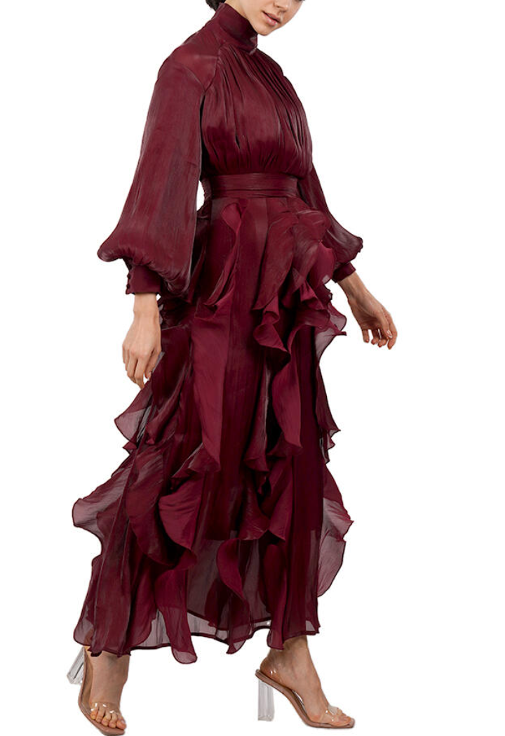 Burgundy Ruffled High-Neck Maxi Dress