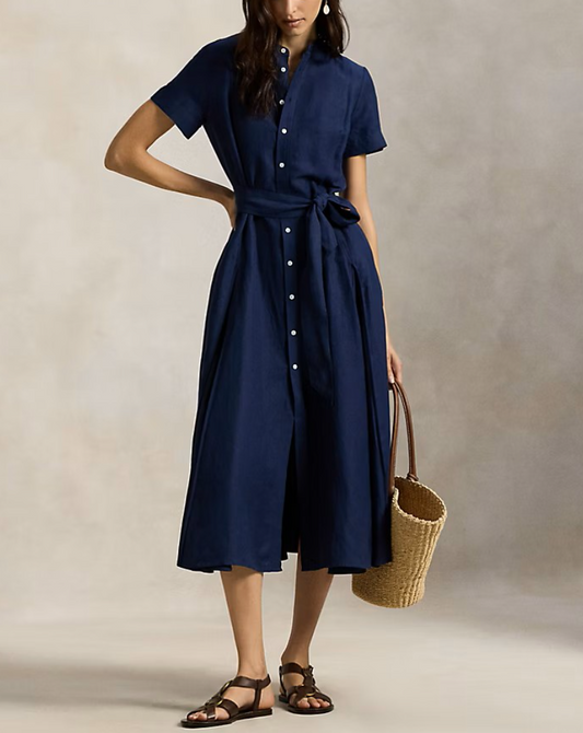 Navy Blue Linen Belted Midi Shirt Dress