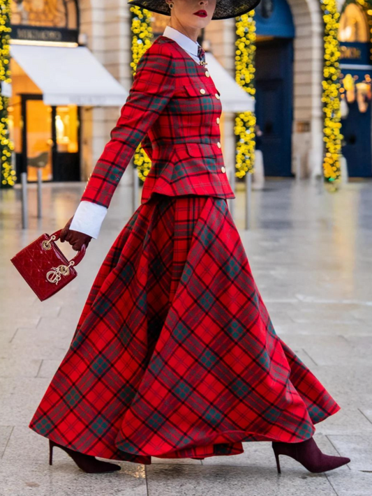 Red Tartan Full A-Line Midi Skirt