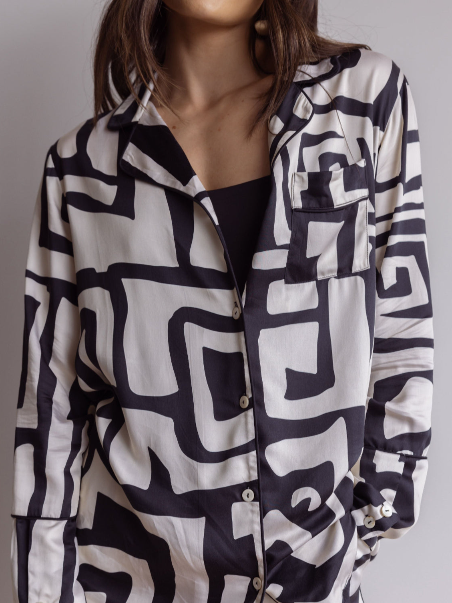 Black & Cream Abstract Print Satin Loungewear Set