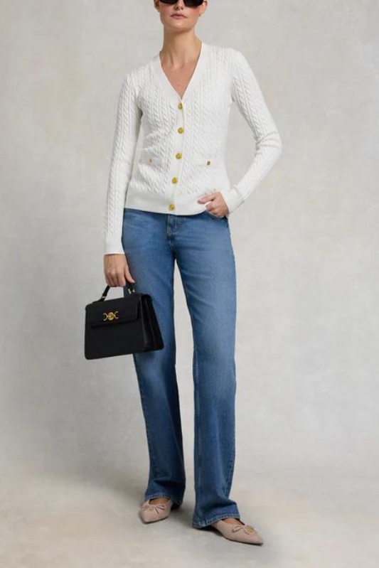 White Cable-Knit V-Neck Cardigan