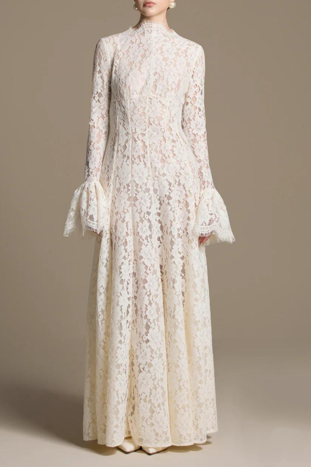 Ivory Lace High-Neck Flare-Sleeve Maxi Gown
