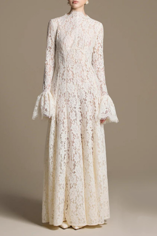 Ivory Lace High-Neck Flare-Sleeve Maxi Gown