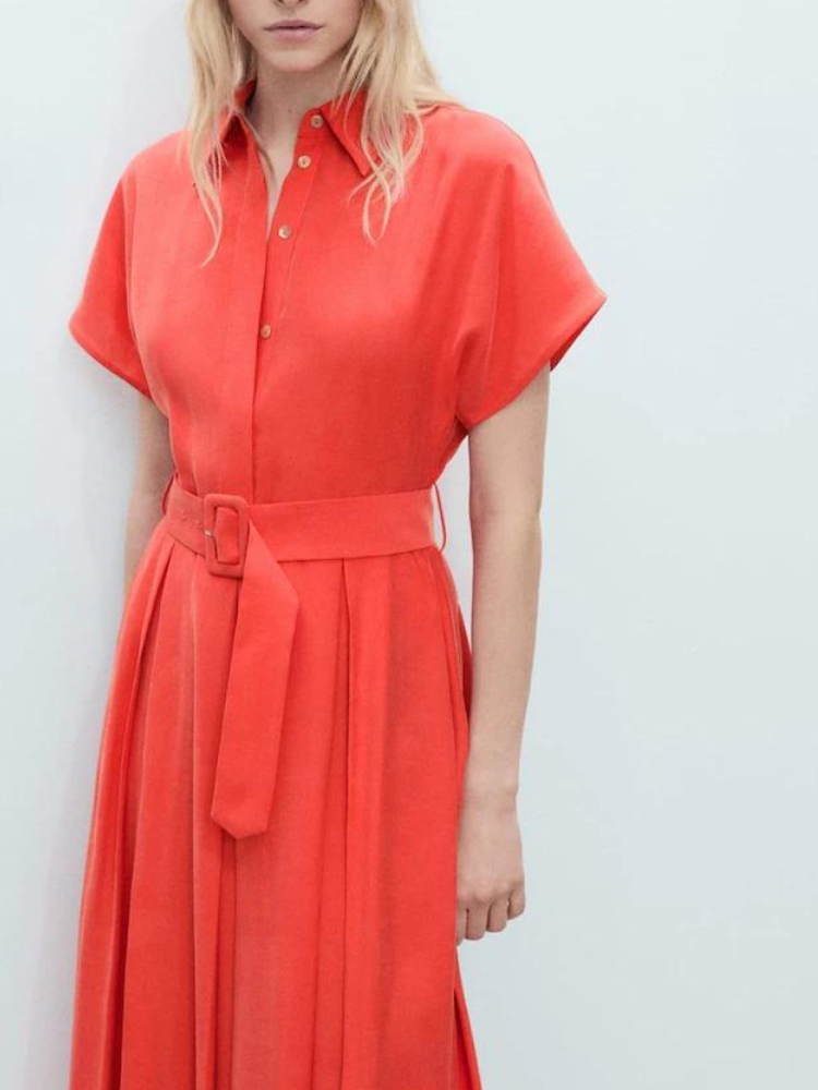 Vibrant Orange Belted Linen-Blend Midi Shirt Dress