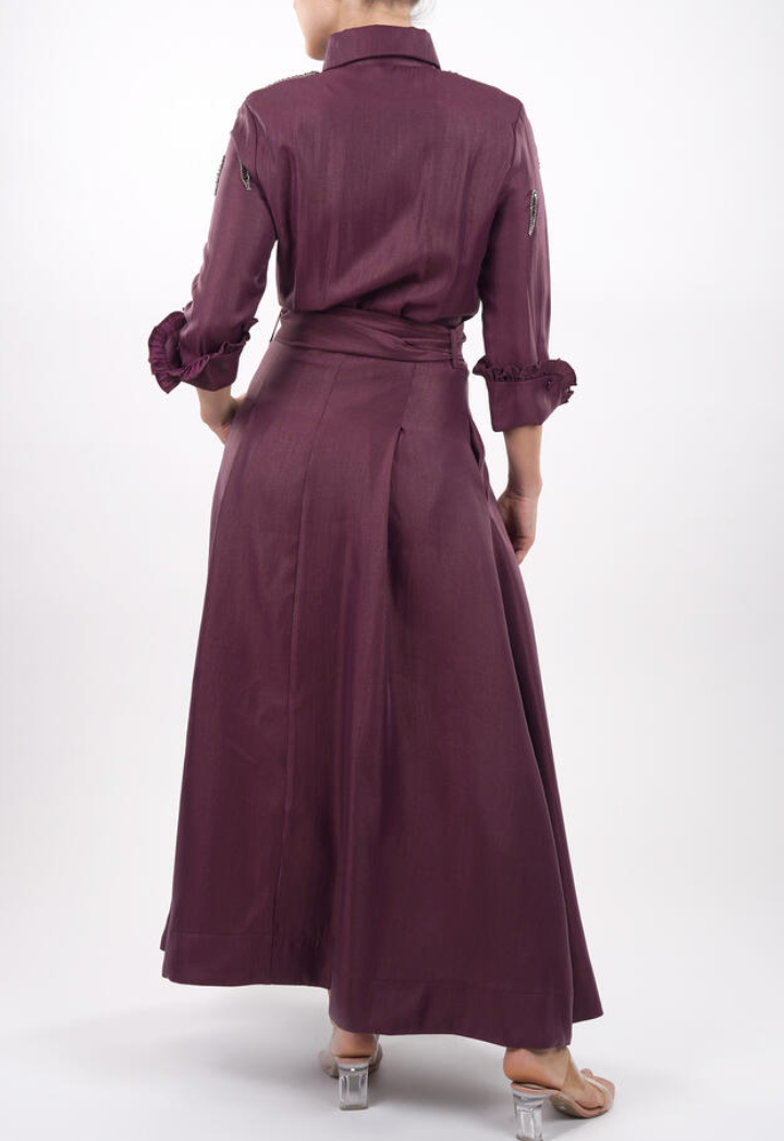 Plum Beaded Shoulder Shirt Maxi Dress