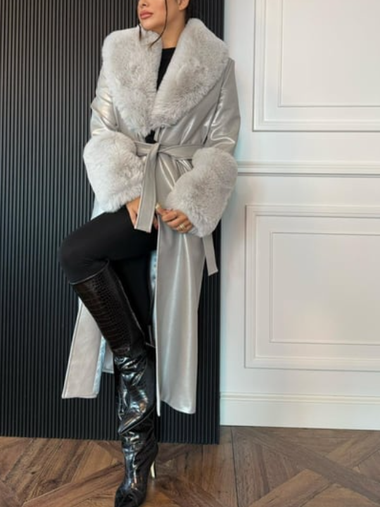 Silver Faux Fur-Trimmed Coat