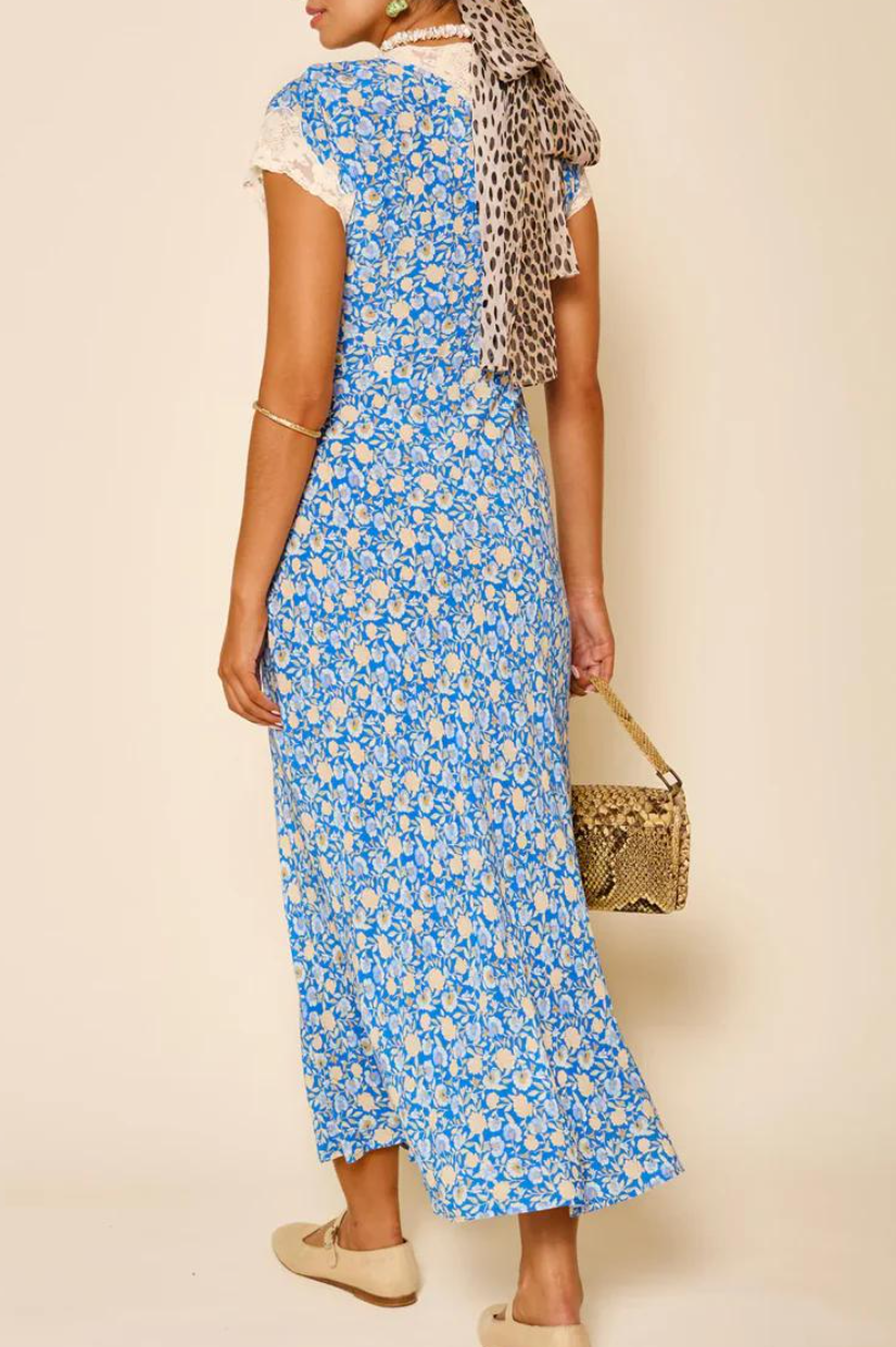 Blue Floral Print Lace Trim Smocked Maxi Dress
