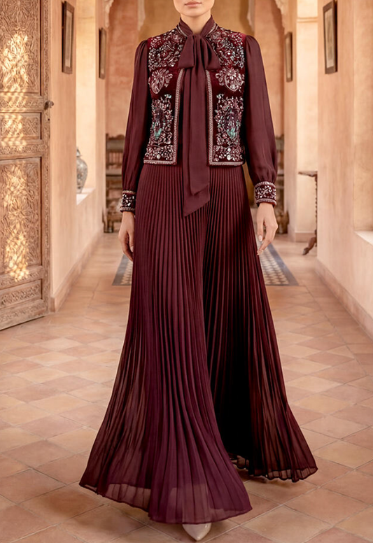Burgundy Embellished Pleated Set