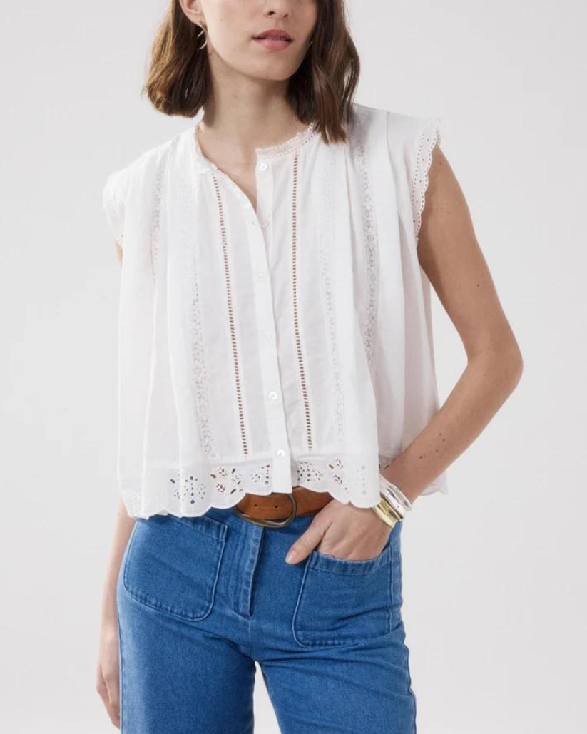 White Broderie Anglaise Sleeveless Cropped Blouse