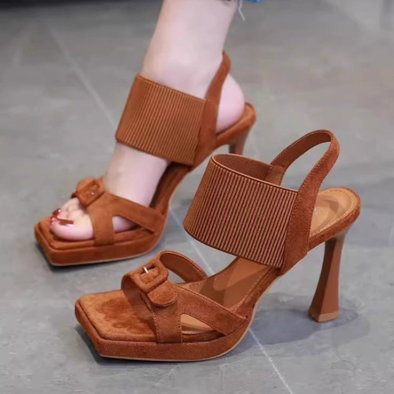 Camel Suede Platform Heeled Sandals
