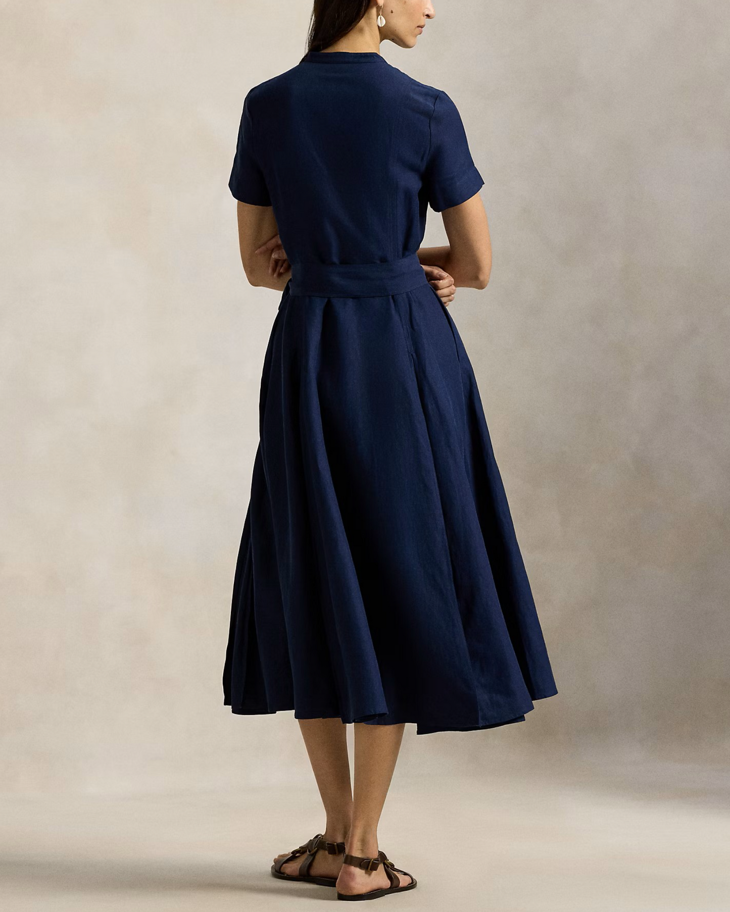 Navy Blue Linen Belted Midi Shirt Dress