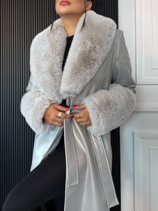 Silver Faux Fur-Trimmed Coat