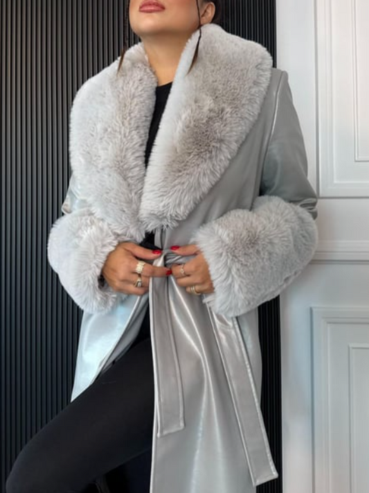 Silver Faux Fur-Trimmed Coat