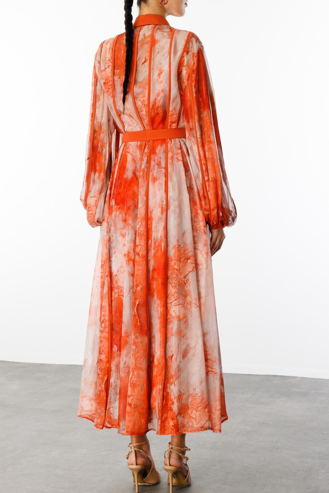 Orange Watercolor Print Organza Maxi Dress