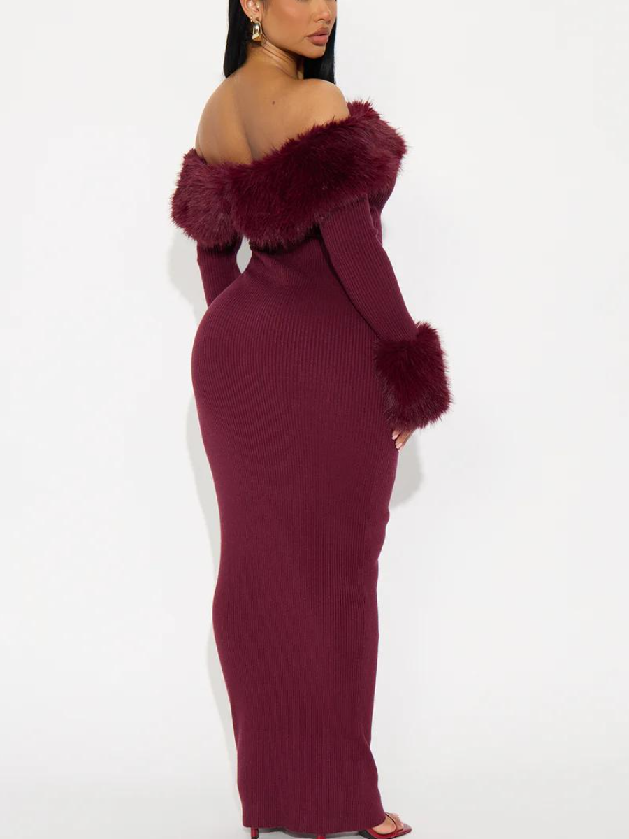 Burgundy Off-the-Shoulder Fur-Trim Dress