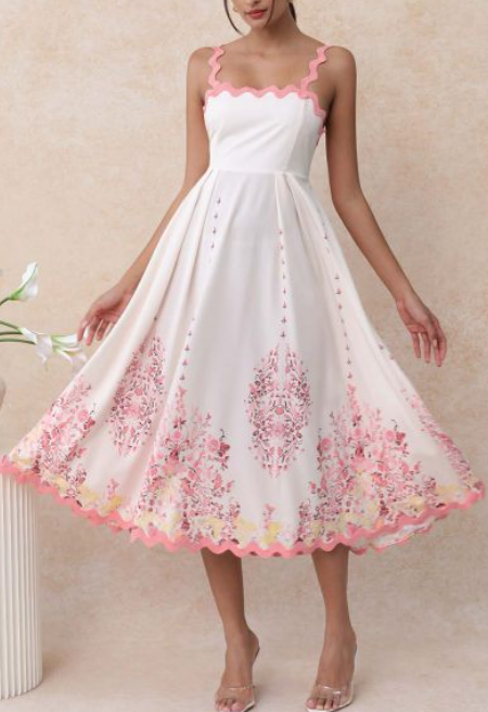Ivory Pink Floral Scalloped Midi Dress