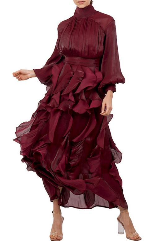 Burgundy Ruffled High-Neck Maxi Dress