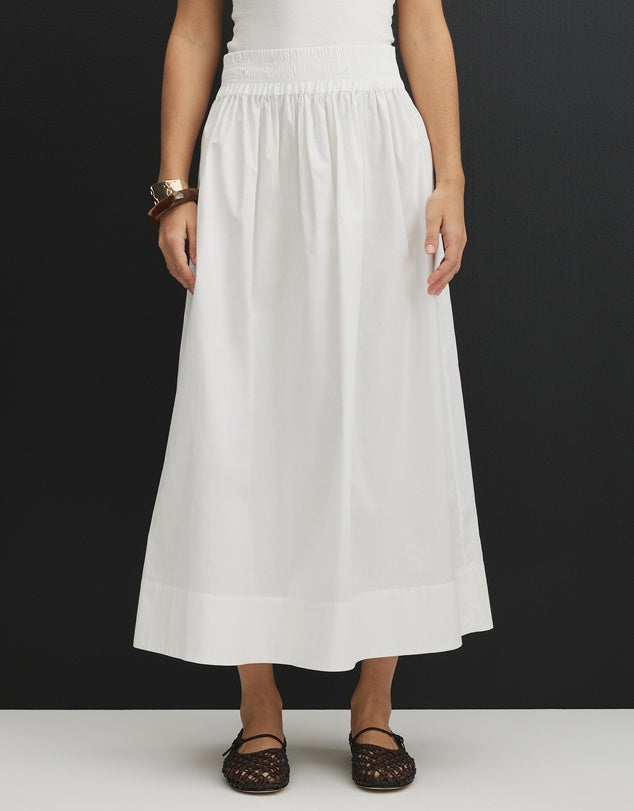 White Smocked Waist Cotton Midi Skirt