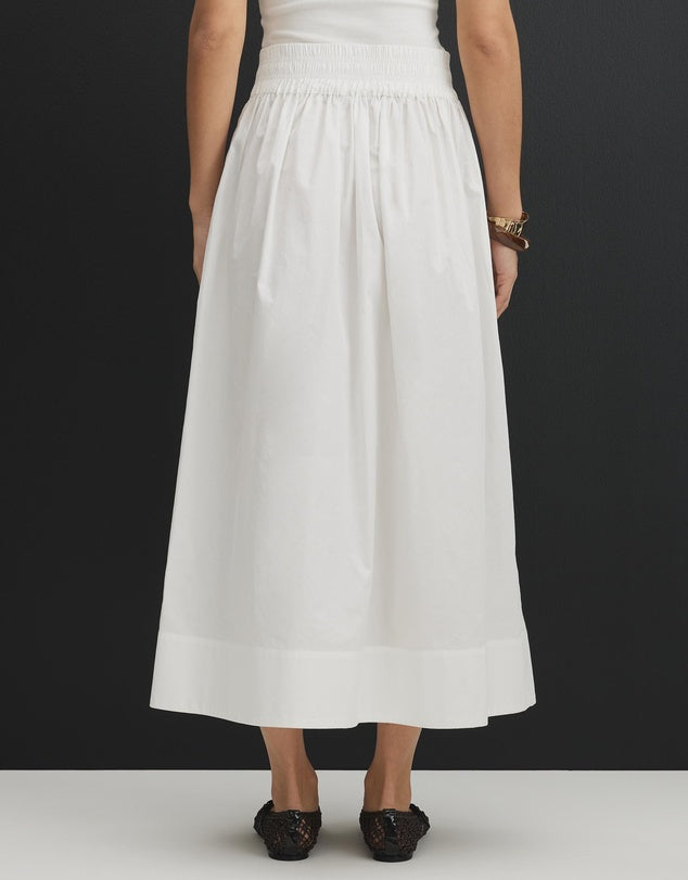 White Smocked Waist Cotton Midi Skirt