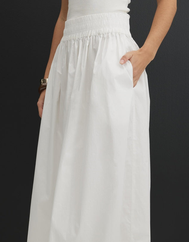 White Smocked Waist Cotton Midi Skirt