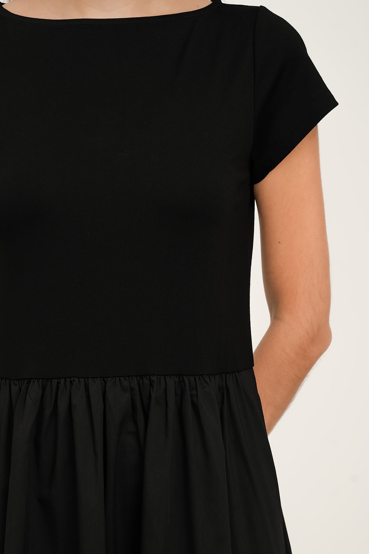 Black Mixed-Media Boat Neck Midi Dress