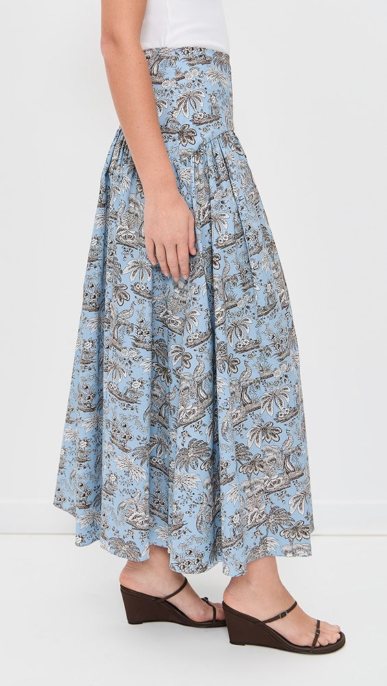 Light Blue Toile de Jouy High-Waisted Pleated Midi Skirt