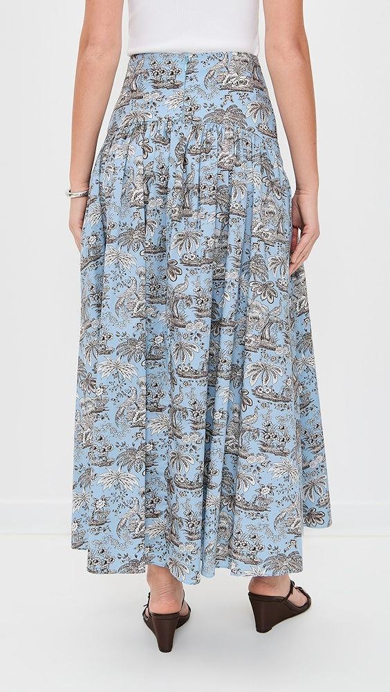 Light Blue Toile de Jouy High-Waisted Pleated Midi Skirt