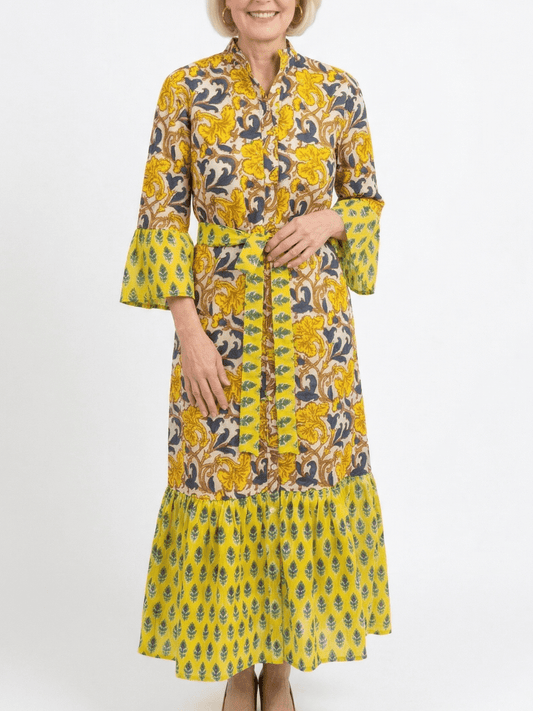 Yellow Floral Print Ruffle Cuff Button - Down Midi Dress With Belt - allsose